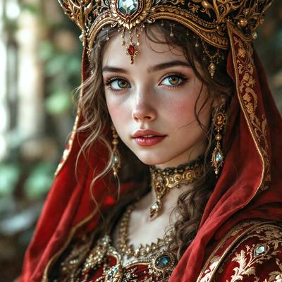 The primary subject of the image is a woman wearing a red and gold crown, with a gold necklace and a red veil. She is looking at the camera with a confident expression. The setting is a forest, with trees visible in the background. The visual style is a combination of photo and digital art, creating a unique and eye-catching portrait. The colors and mood of the image are warm and regal, with the red and gold tones evoking a sense of power and elegance.